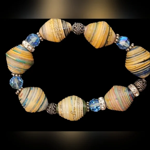 Multi Colored Bamboo Beads, Colored Glass Beads & Metal Beads On Elastic Band - Picture 5 of 6